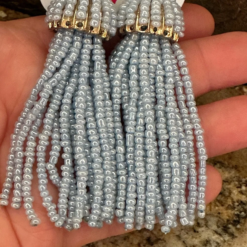 Gold Blue Bead Tassel Dangle Earrings - Picture 9 of 9